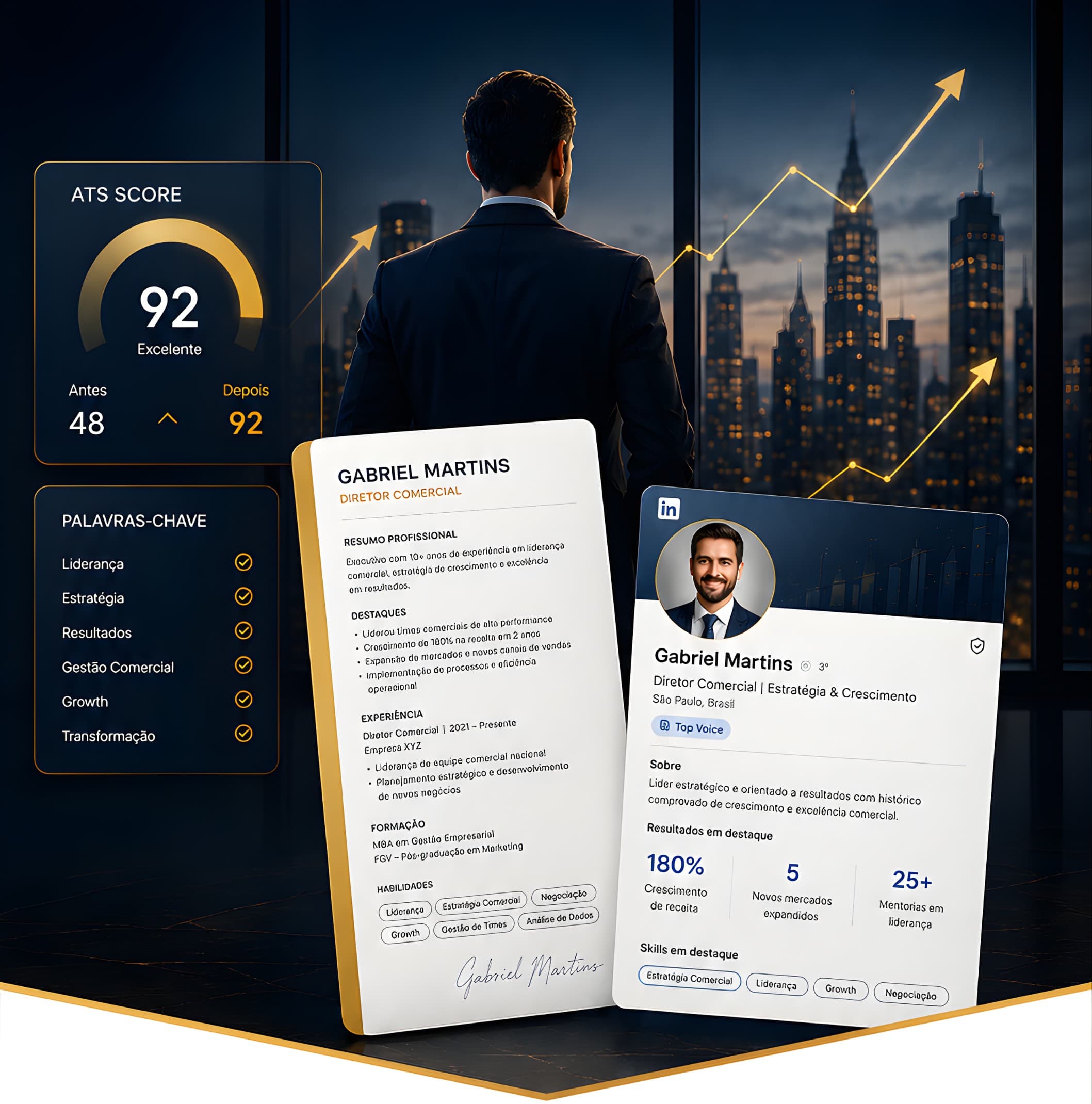 Currículo com ATS Score 92 e perfil de LinkedIn otimizado pela investigação CV Hunter